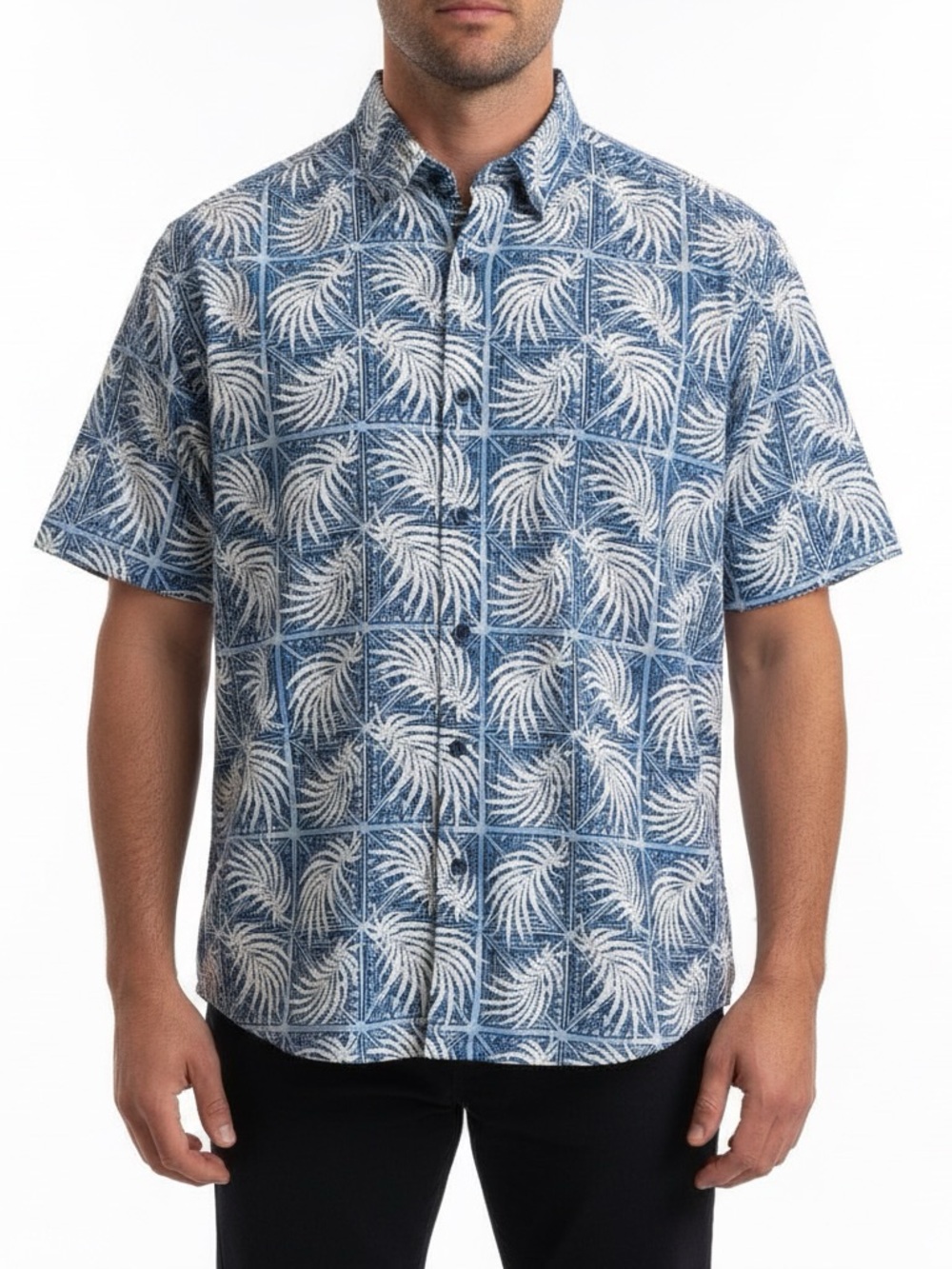 Nat Nast Blue and White Palm-Print Short-Sleeve Button-Down Shirt